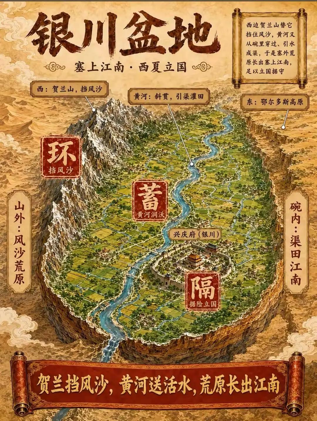 银川盆地整体呈现出西高东低、南北狭长的碗。银川盆地整体呈现出西高东低、南北狭长的