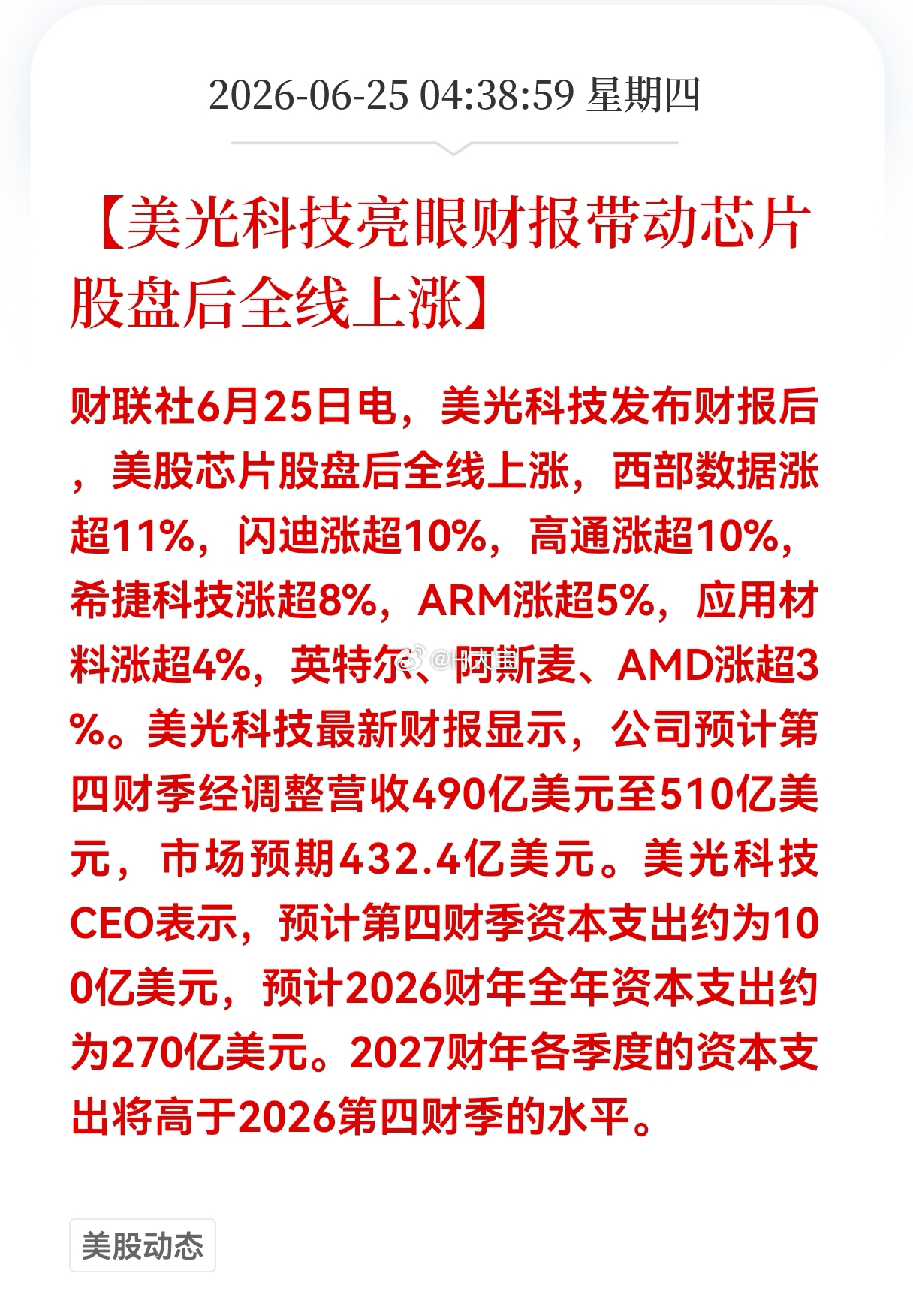美股存储老大，美光，公布了业绩预告。非常好，带动美股科技股全线大涨，进一步奠定了