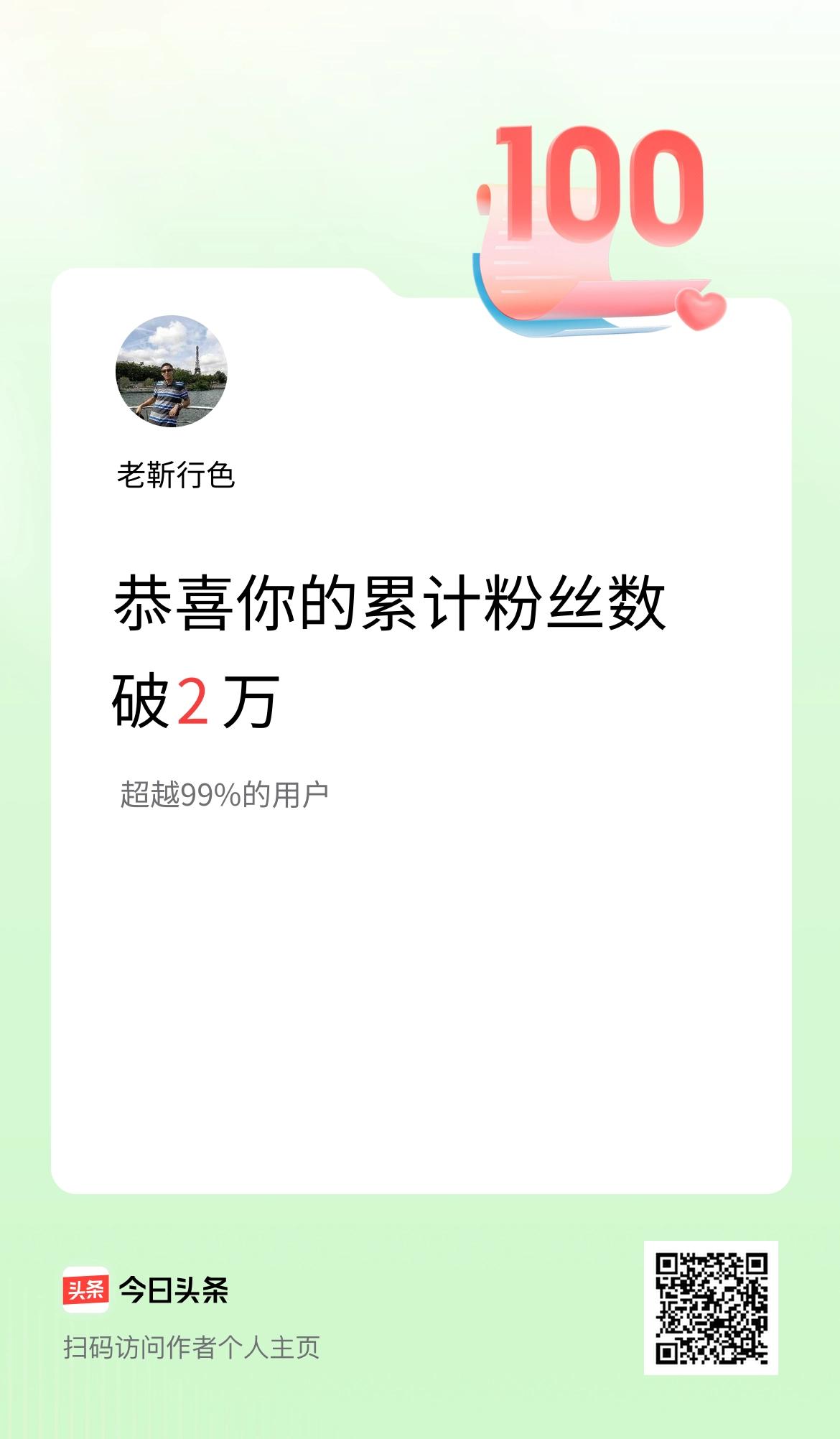 我在头条累计粉丝数破2万啦！