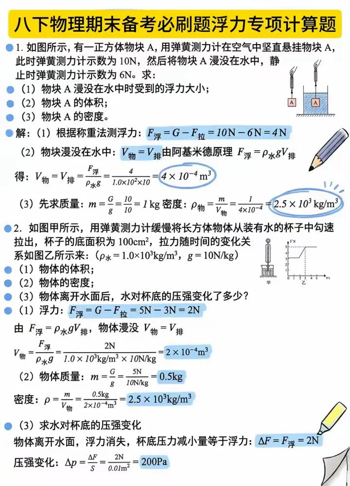 浮力计算题
弹簧测力计示数为6N。求：
·(1)物块A漫没在水中时受到的浮力大小