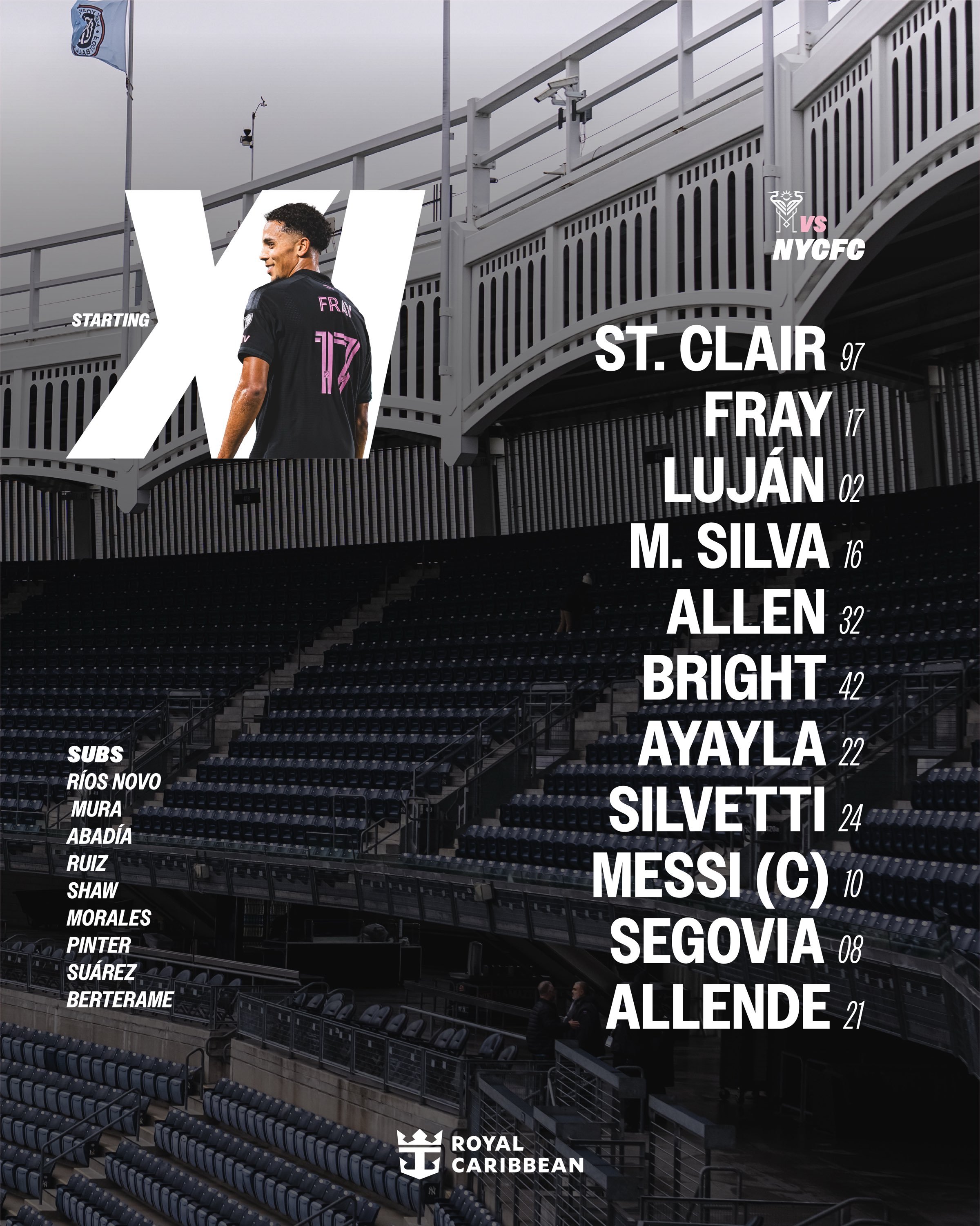 迈阿密国际首发阵容：梅西首发戴恩·圣克莱尔，伊恩·弗雷，贡萨洛·卢扬，米卡埃尔，