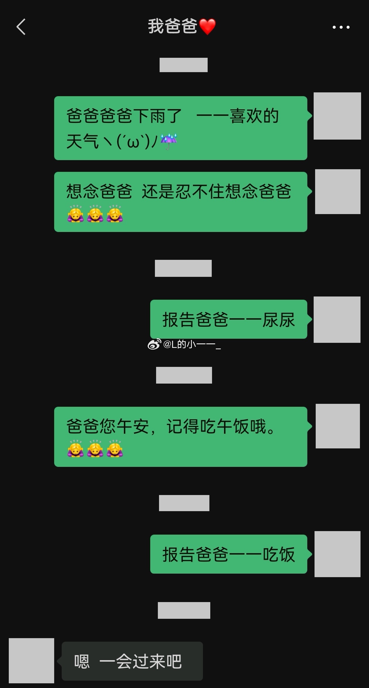 前面几天都是冷冰冰的报备和早午晚请安，别的什么都不敢说，今天就胆子大了一点点，果