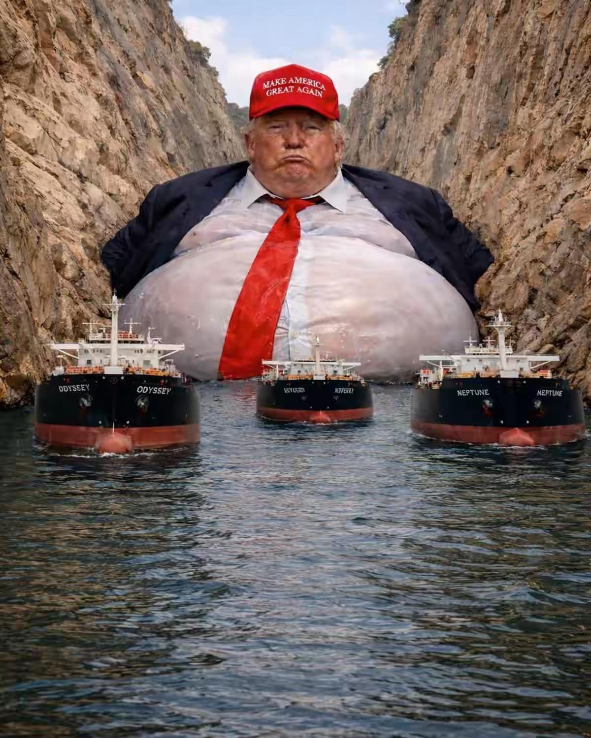 哈哈哈哈！国外网友设计的搞笑图“特朗普堵海峡”！太形象了！