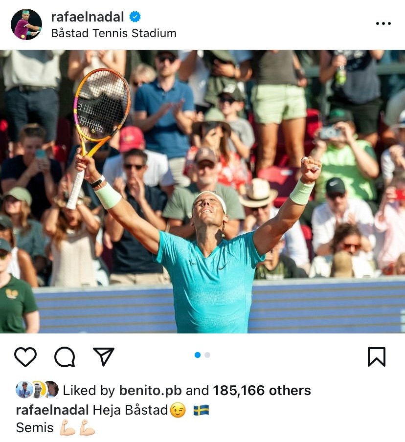 纳达尔在Instagram分享了赢球后欢庆胜利的照片，拿下这一场4小时的马拉松鏖