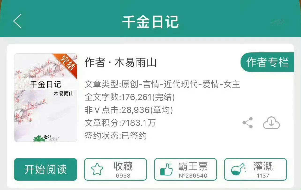 小说推荐：《千金日记》 作者:木易雨山简评：没心没肺女主vs隐忍深情男主，青梅竹