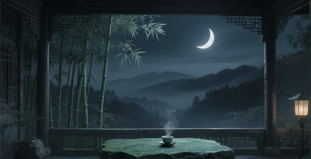 下联：半杯茶品人生，诚邀上联？上联：一弯月钓往事