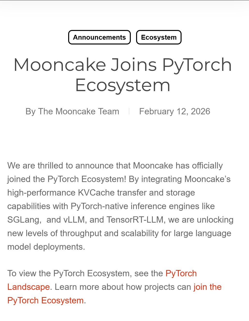 pytorch官博：的 Mooncake 正式加入 PyTorch 生态系统py