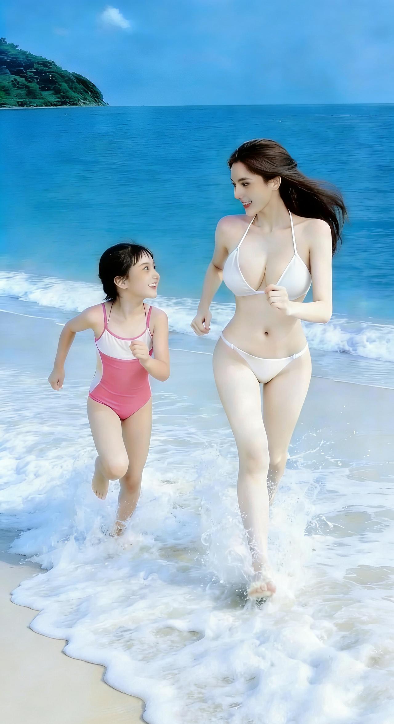 踏浪
逐浪沙滩笑语扬，
风牵衣袂沐晴光。
远山含黛烟波起，
共趁潮声向远方。