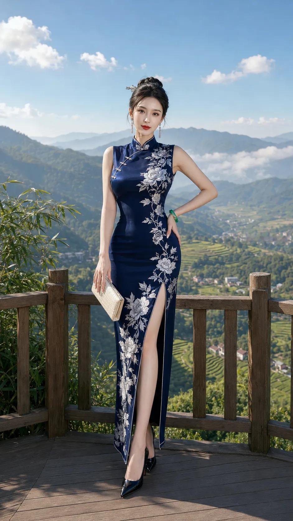 一袭深邃的藏蓝旗袍，宛如将夜空穿在了身上，银白色的牡丹刺绣在光影下流转着低调的奢