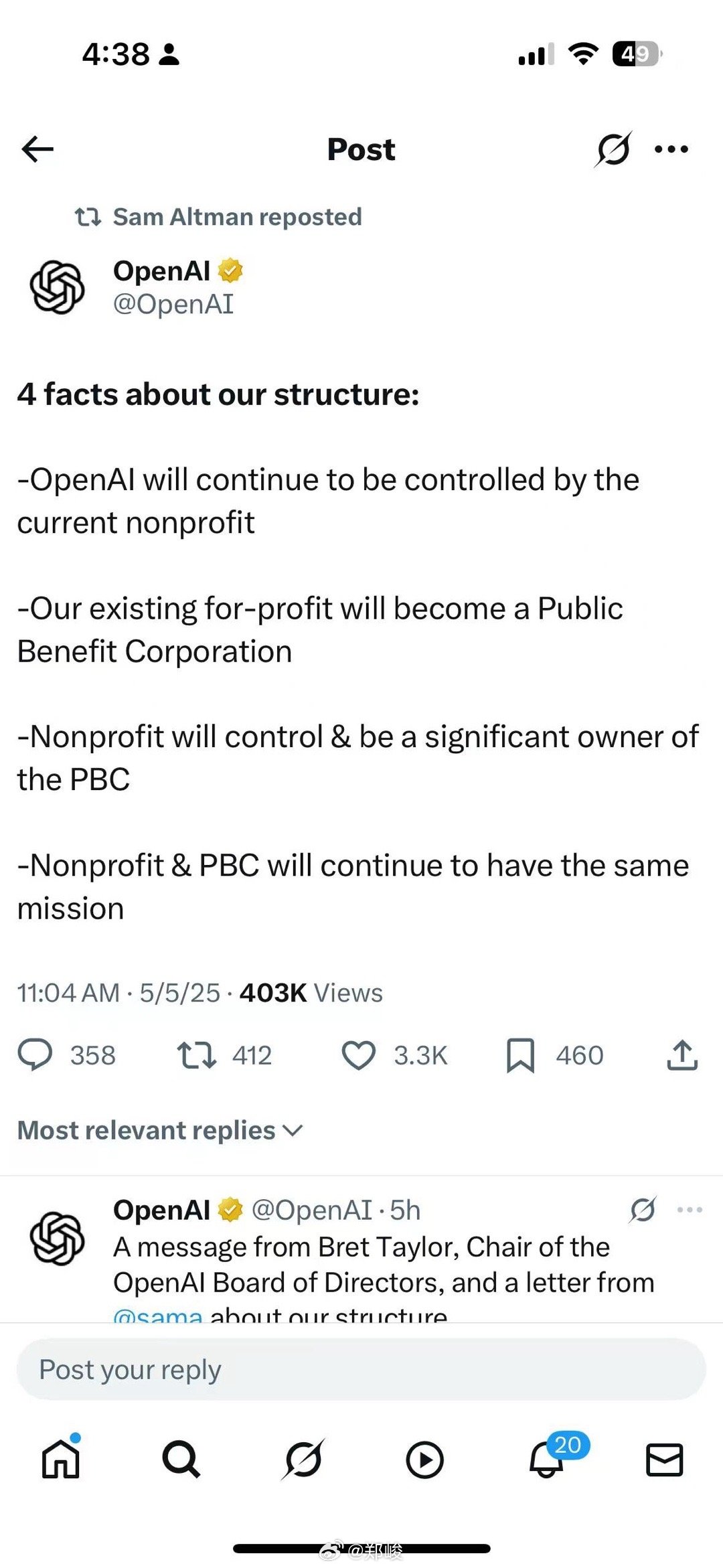 OpenAI宣布放弃转型盈利公司计划，继续由非盈利董事会管理。OpenAI 表示