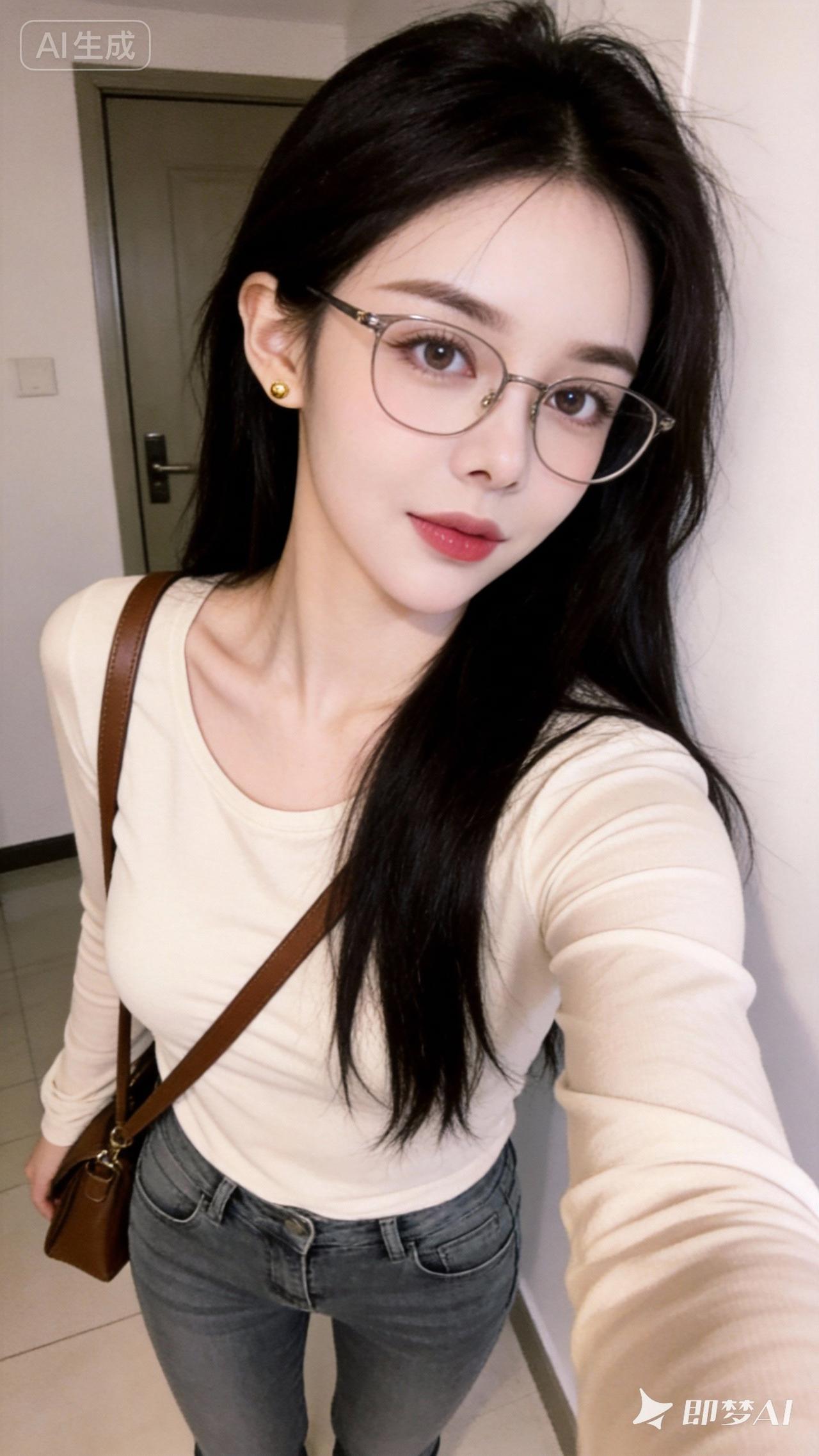 晒图笔记大赛漂亮女生，19岁网红女，黑色长发，皮肤白皙，淡豆沙杏色唇色，米色长袖