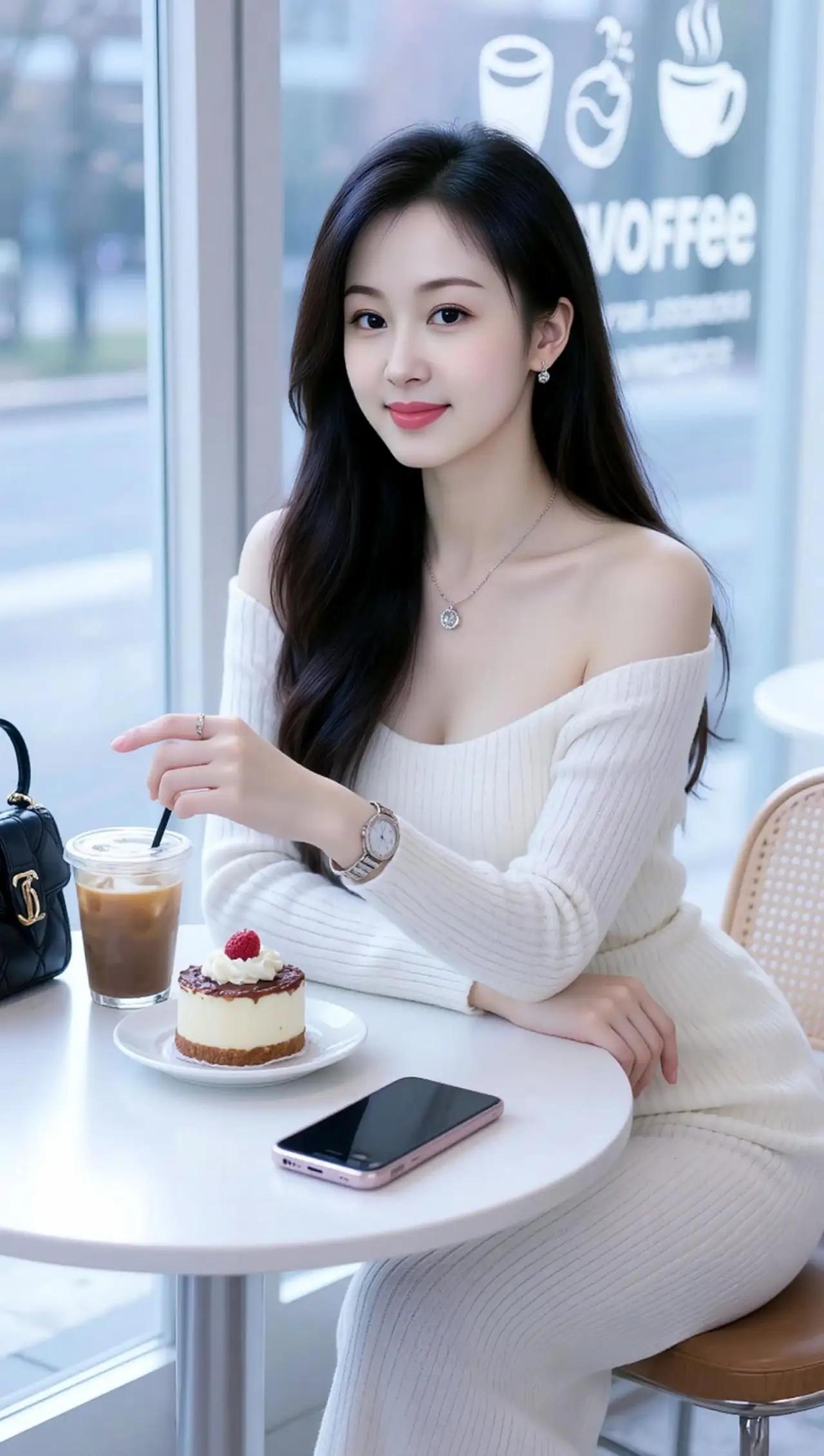 美丽少女咖啡馆里的悠闲时光，品尝美味蛋糕和咖啡，生活如此美好！😊🍰☕️