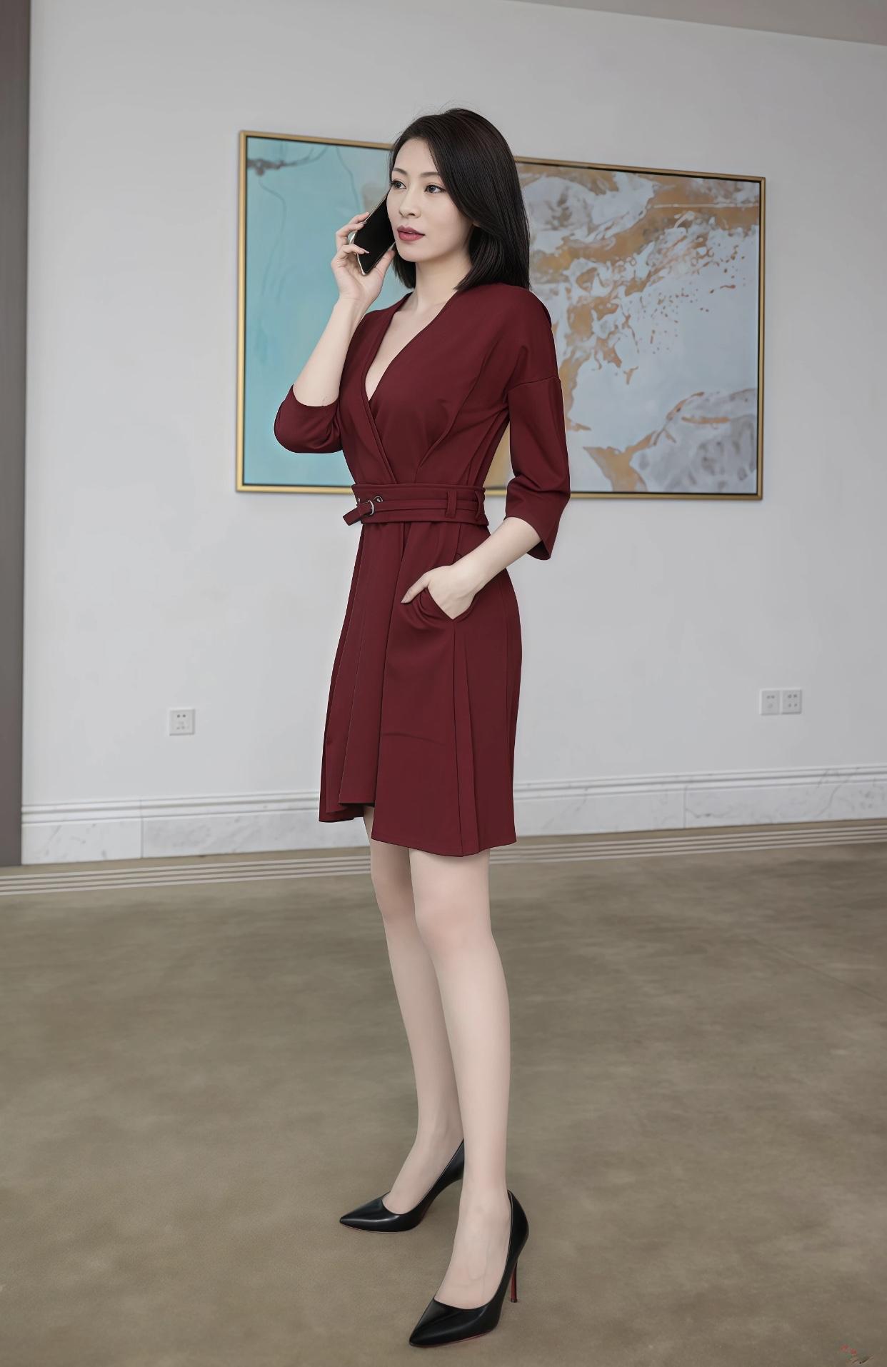 优雅红裙，自信步伐，都市女郎的时尚日常。