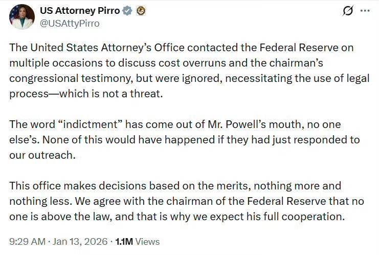 美国联邦检察官皮罗：

美国联邦检察官办公室曾多次与美联储取得联系，讨论成本超支