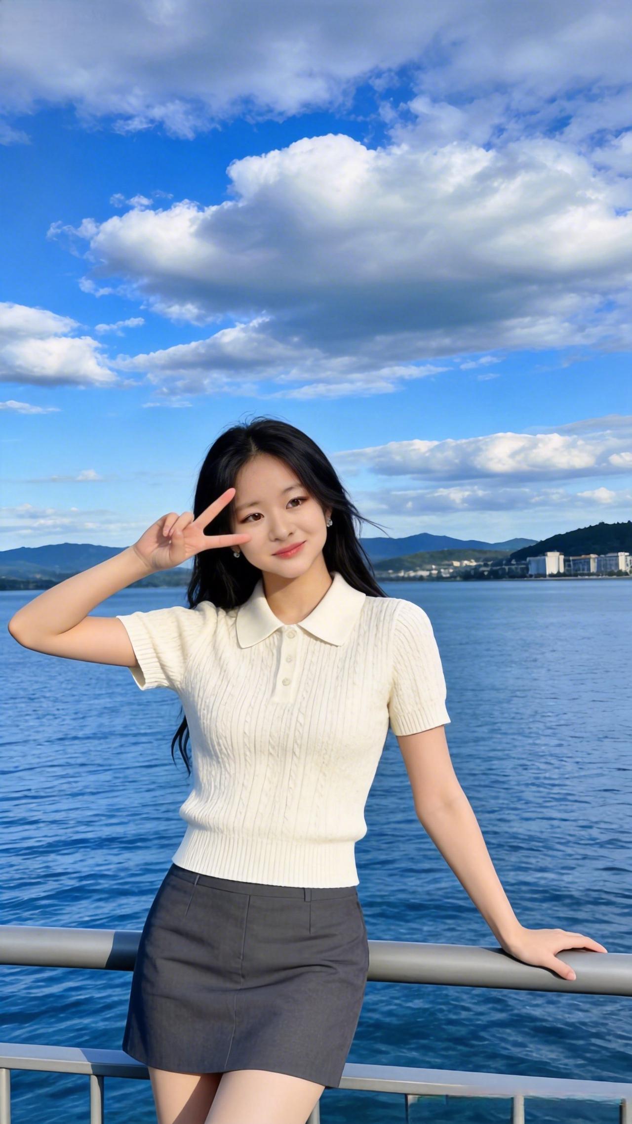 阳光明媚，女孩在海边比V字。
