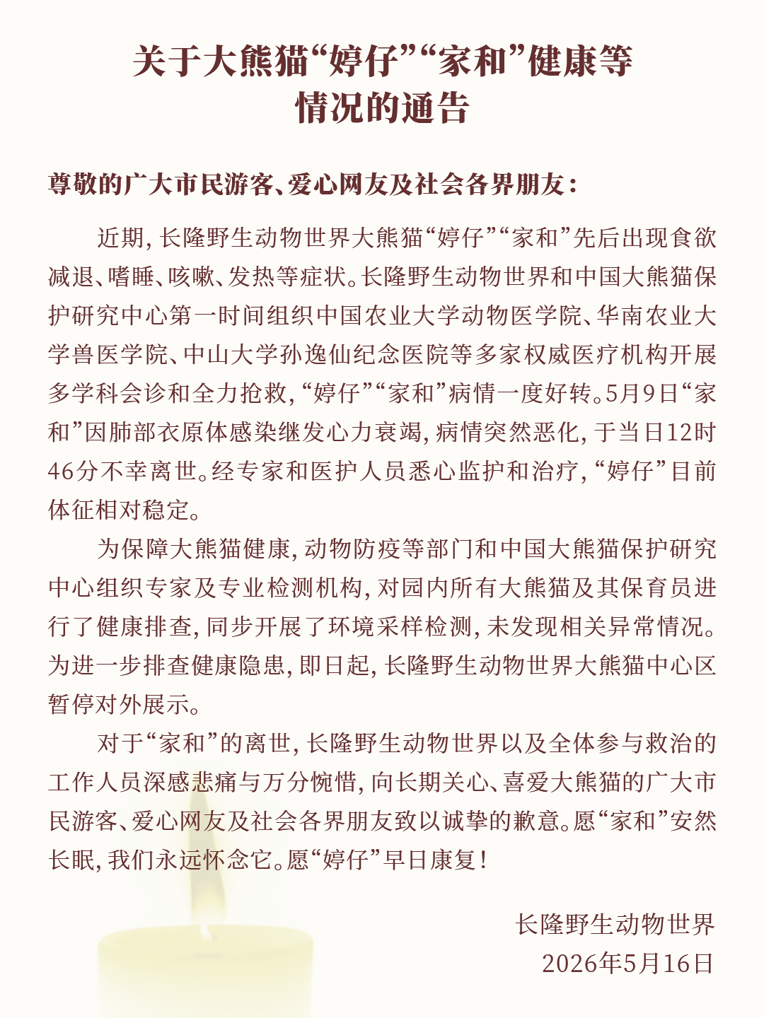 #长隆大熊猫家和不幸离世#【长隆：“家和”已不幸离世，大熊猫中心区暂停对外展示】