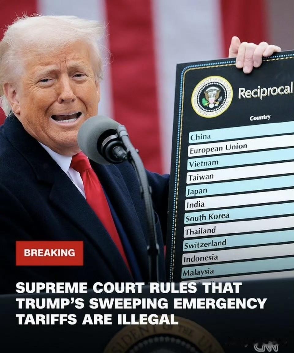 美国最高法院裁定特朗普向全球多国征收关税不合法。美国最高法院以6比3裁定，特朗普