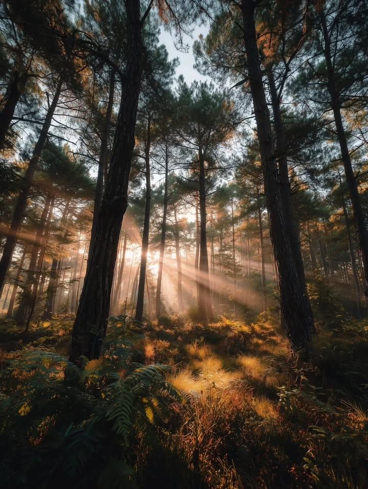 晨雾漫过松林，破晓的朝阳穿透层层枝桠，清晰的丁达尔光束倾泻而下，温柔抚过蕨类与野