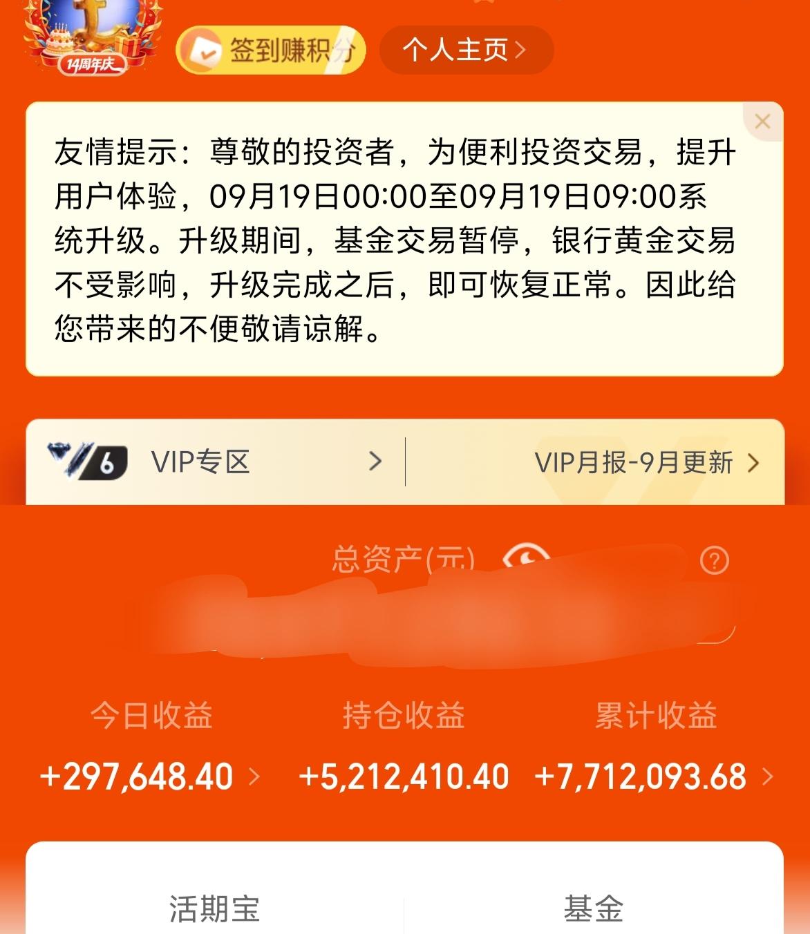 上周五基金收益29.7W，累计收益771W。
上周五成交金额占上了2万亿，符合之