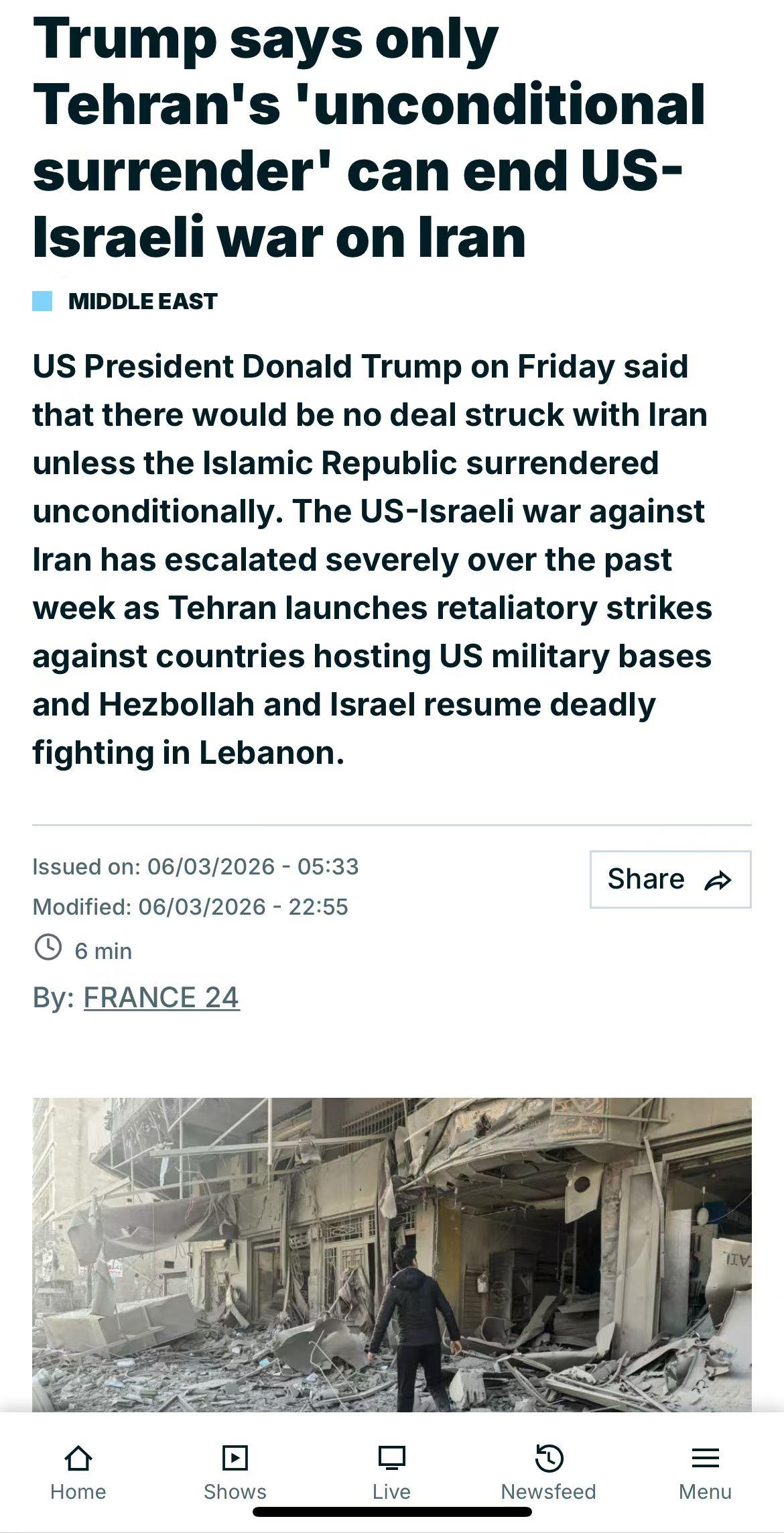 ①特朗普表示，只有伊朗无条件投降，才能结束对其的战争。②俄罗斯帮助伊朗攻击美国。