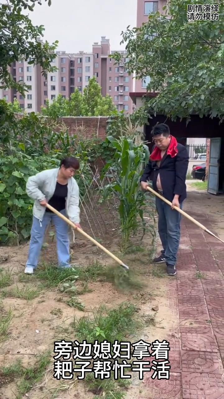 夫妻两个配合着锄杂草，这一幕真的太有才了。
夫妻两个在菜园锄杂草，只见丈夫拿着锄