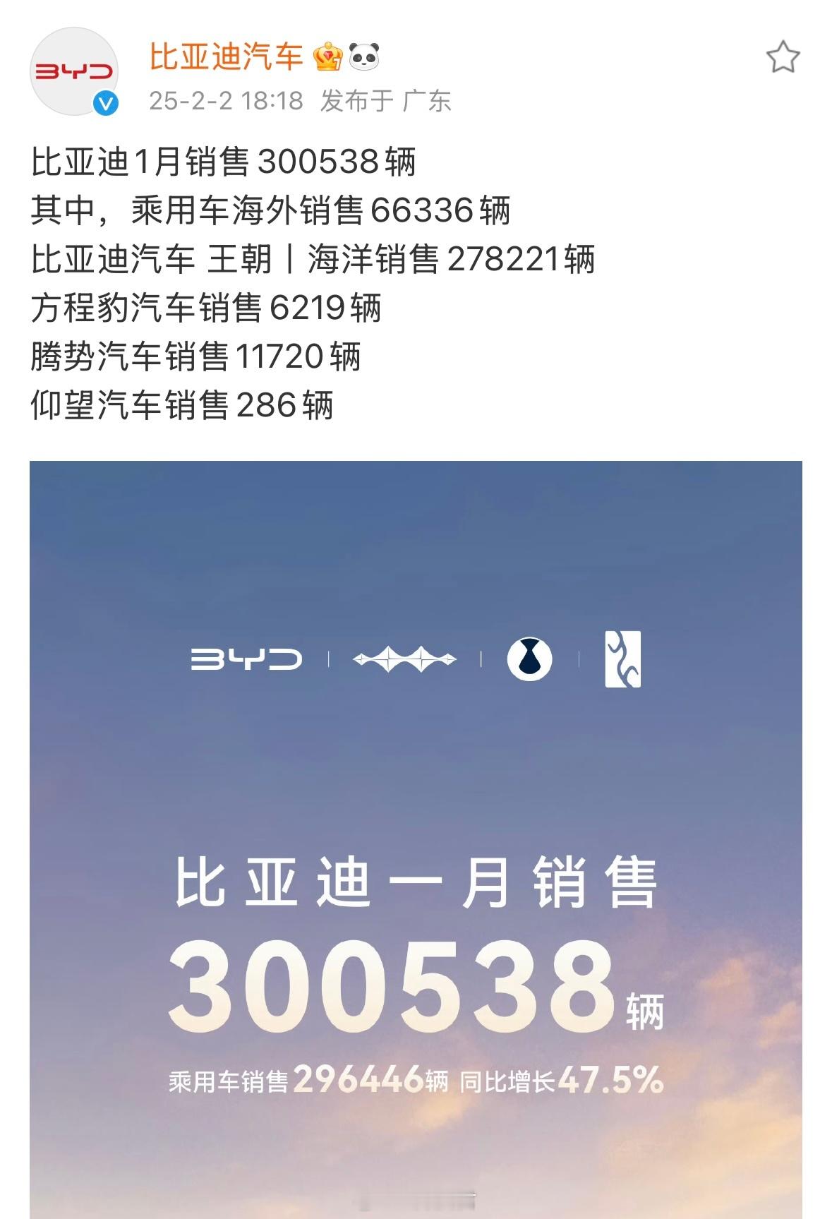 持续增长！比亚迪汽车1月销量公布：300538辆！ 