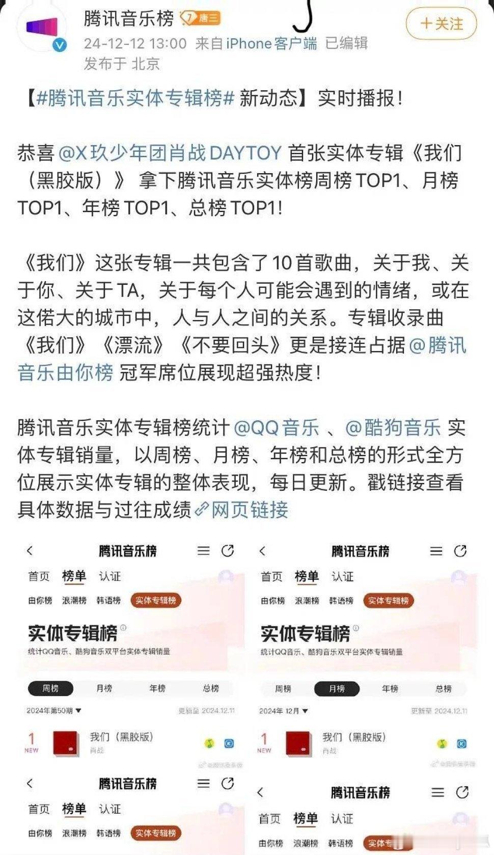 🐧音乐官方发布战报：肖战首张实体专辑《我们》荣获多平台榜首，全平台第一。 