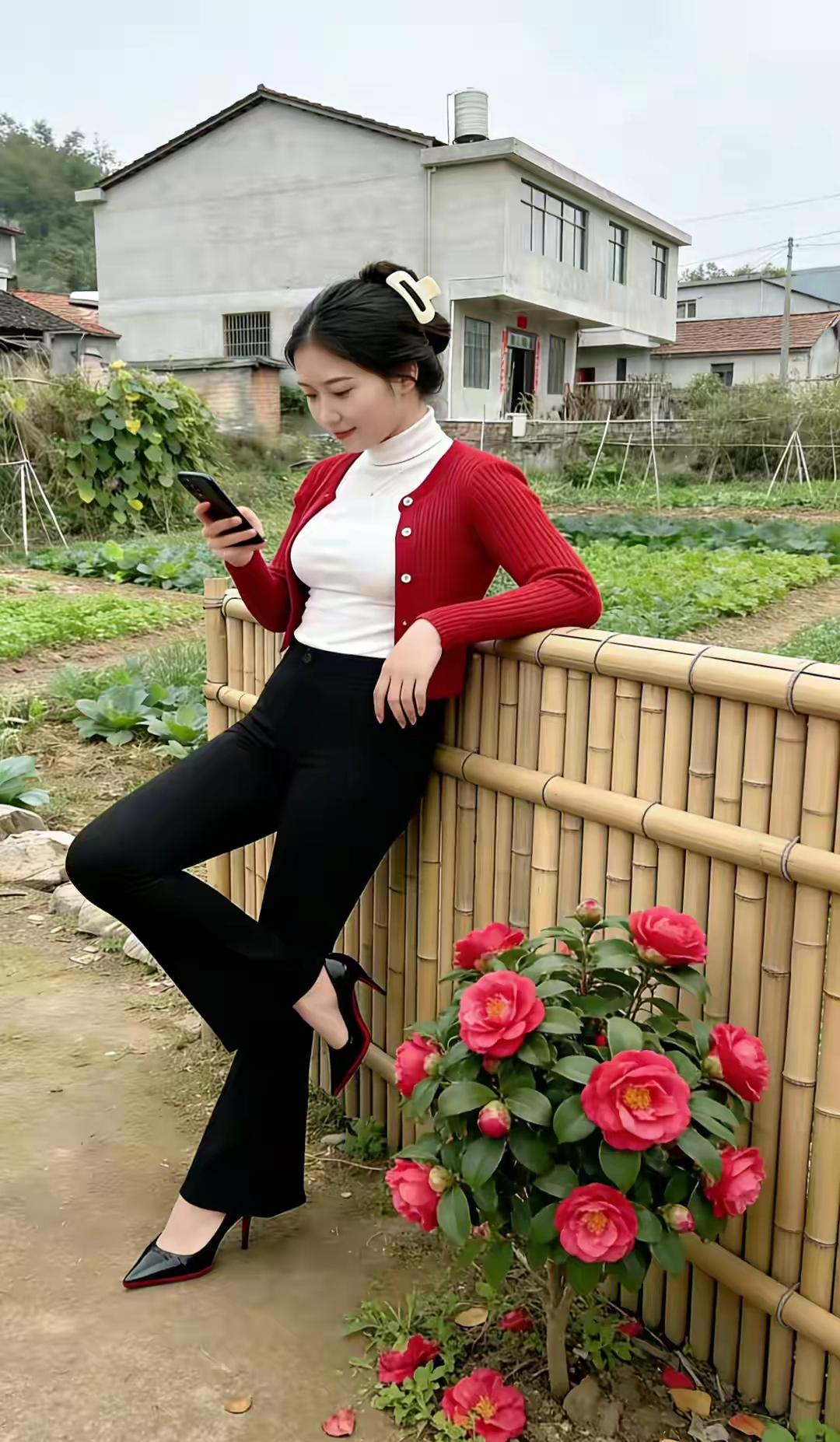 清江引·竹篱乡韵
竹篱斜倚乡风绕，
红服青丛耀。
溪悠彩影飘，
村秀波光妙。
岭