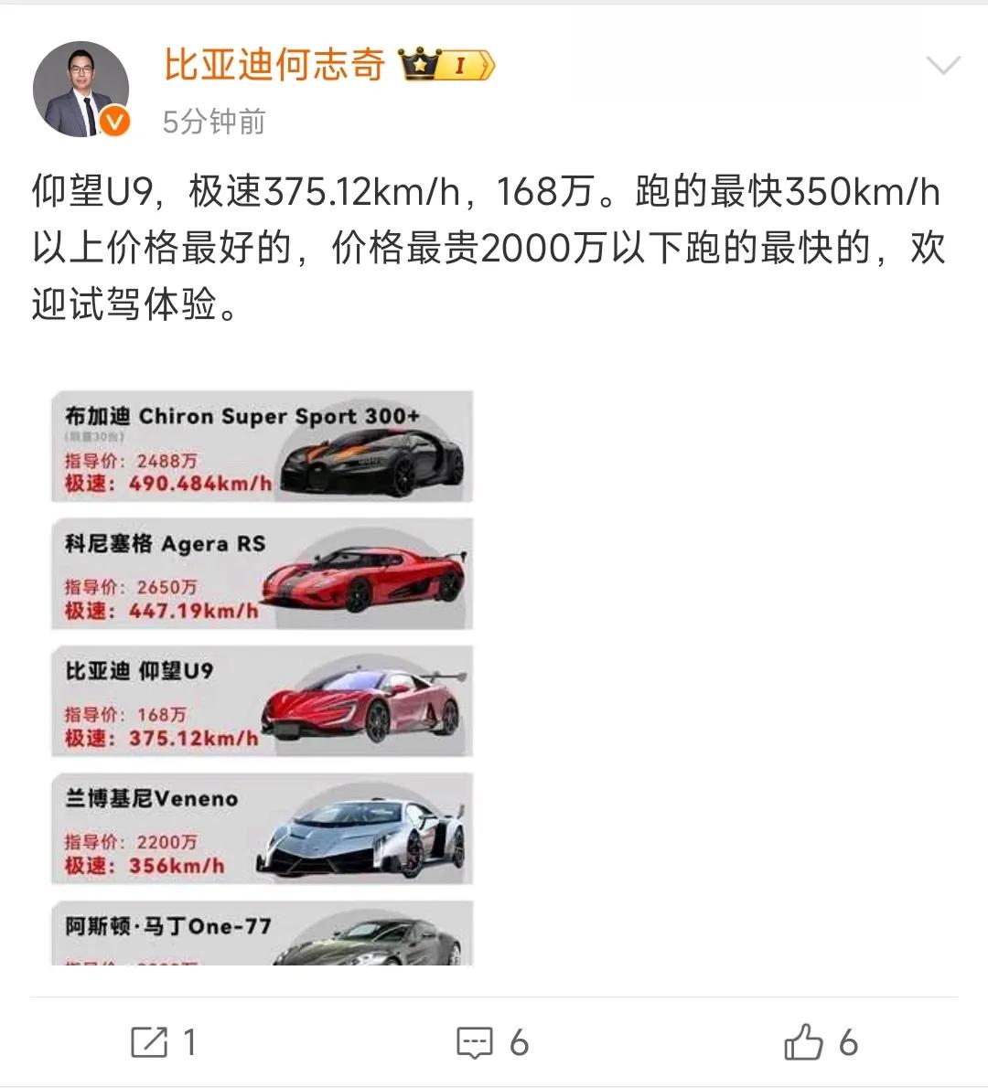 世界上跑的最快的8款车，比亚迪 仰望U9 第三。

排名第一，布加迪，490.4