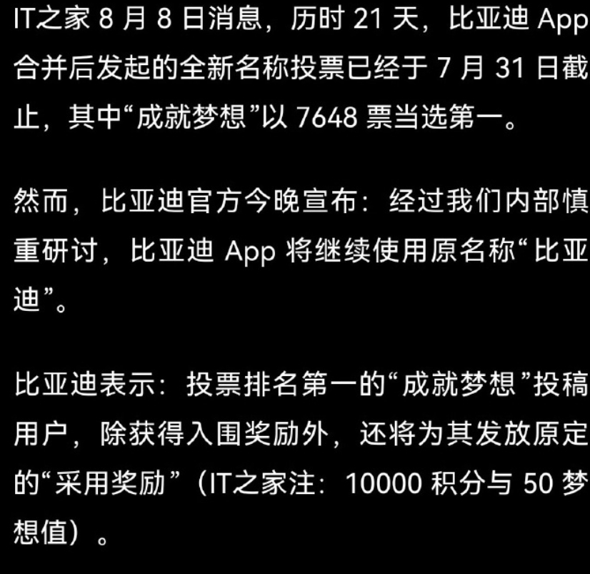 比亚迪app合并征名投票结束第一名虽然是“成就梦想”但是比亚迪也并没有采纳其实我