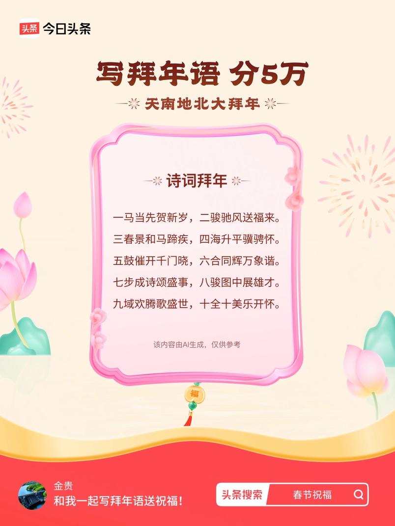 写拜年语送祝福新春拜年送祝福！我的祝福是：“一马当先贺新岁，二骏驰风送福来。三春