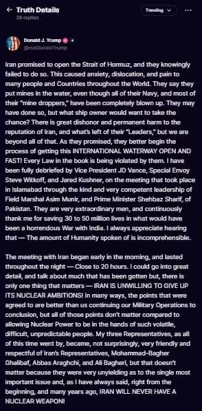 美国总统唐纳德·J·特朗普表示，伊朗违反了最初的协议，没有开放霍尔木兹海峡，并称