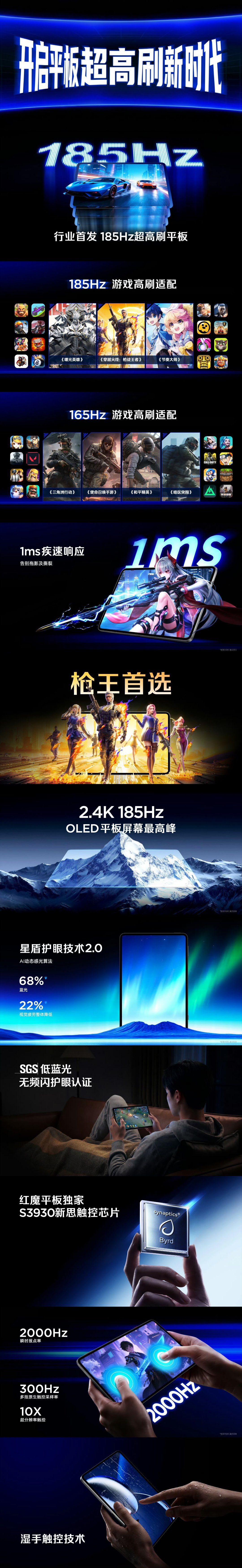 红魔游戏平板5Pro 行业首发 · 185Hz超高刷平板①185Hz&165Hz