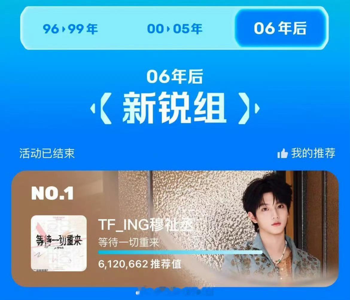 恭喜穆祉丞登顶2026腾讯音乐榜“30佳青年歌手新锐组第一”🏆单曲《等待一切重