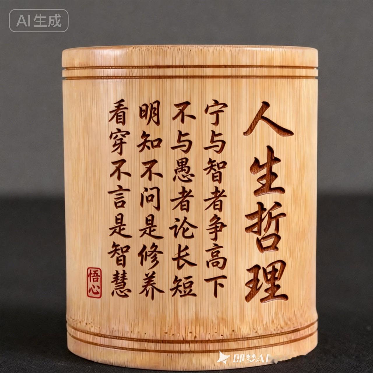 在图一中木桶的右侧正中阴刻一个大中号草书"人生哲理" 字，然后把这一段话用小号草