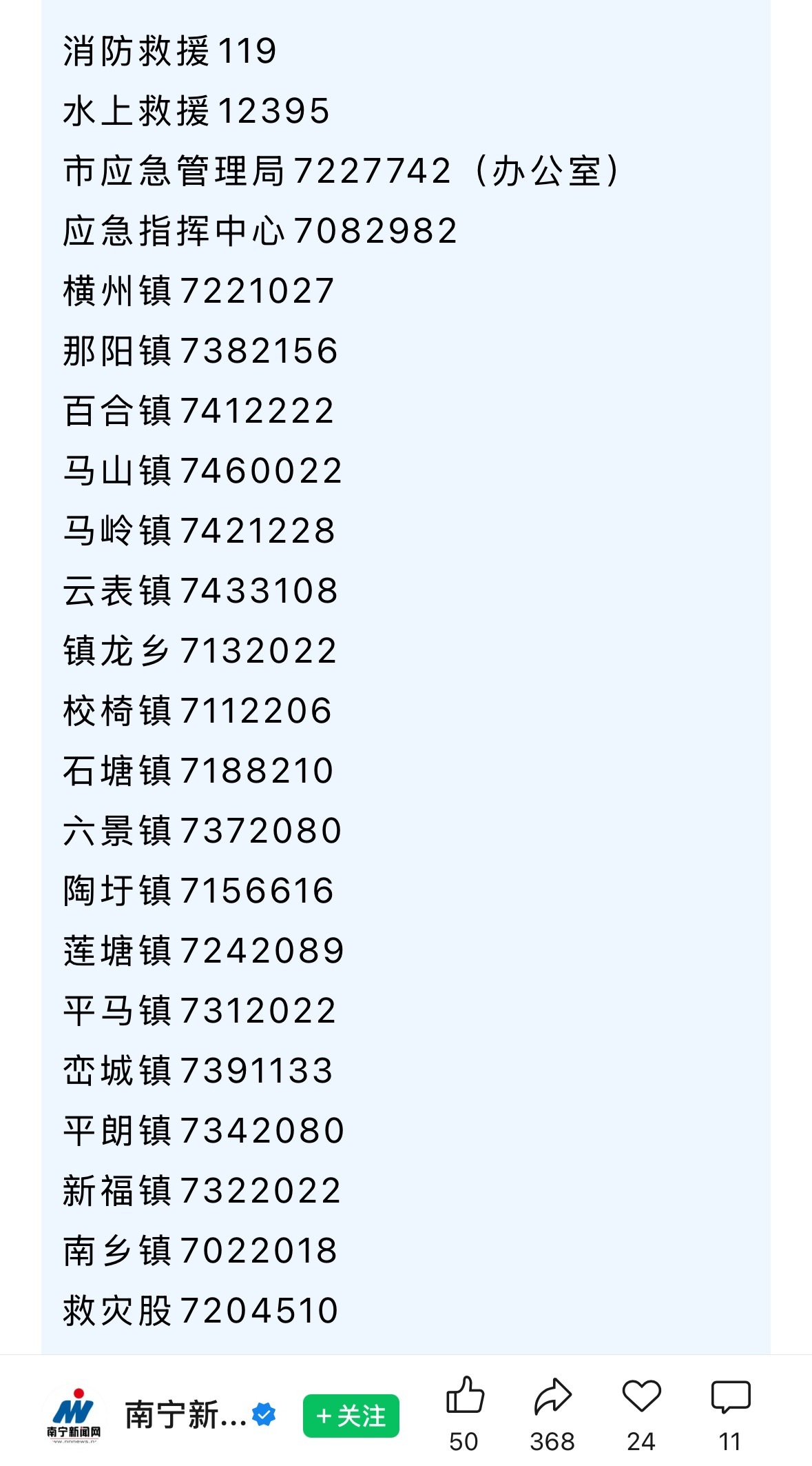 广西抗洪愿平安紧急救援热线🔽消防救援119水上救援12395市应急管理局722