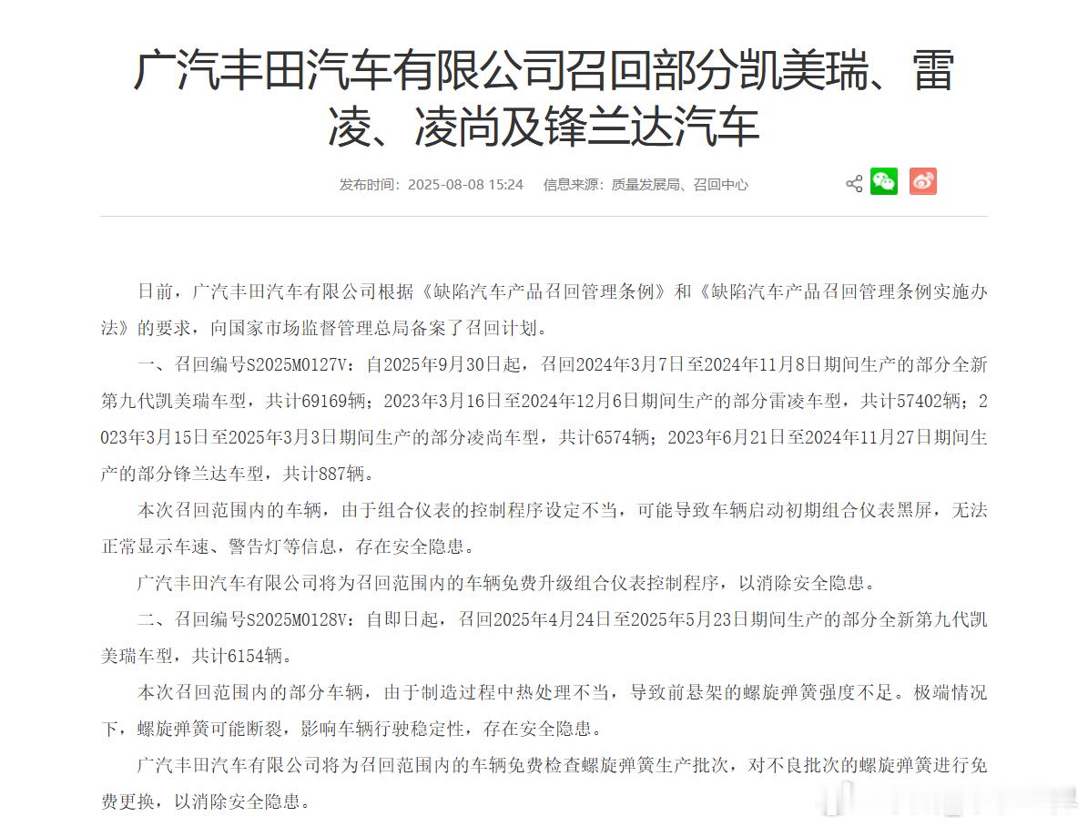 广汽丰田汽车有限公司向国家市场监督管理总局备案两项召回计划，涉及旗下凯美瑞、雷凌
