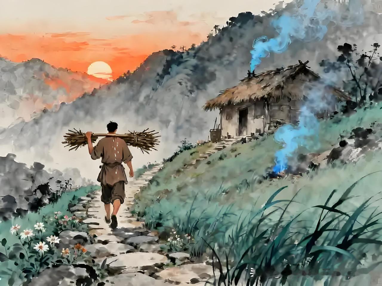 《樵夫词》
——清·朱景素
白云堆里捡青槐，
惯入深林鸟不猜。
无意带将花数朵，