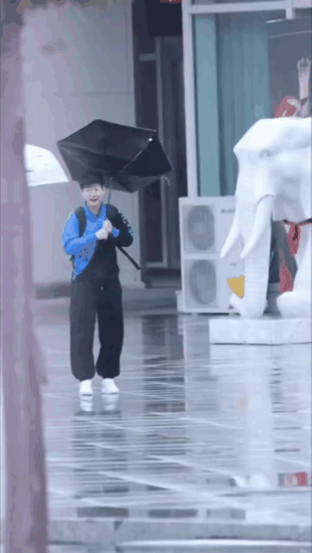 莎莎的雨伞被风给掀翻了，自己在那弄了半天，掰不过来。
翔哥直接把手中的雨伞给了莎