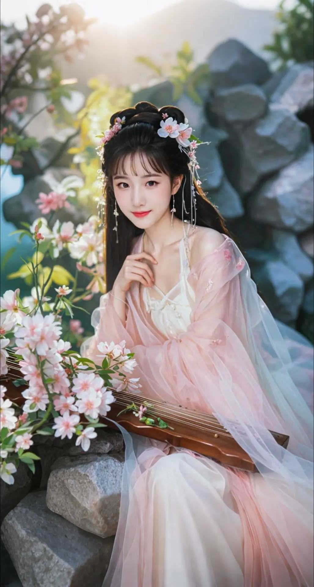 AI扩图 AI花神抚筝韵