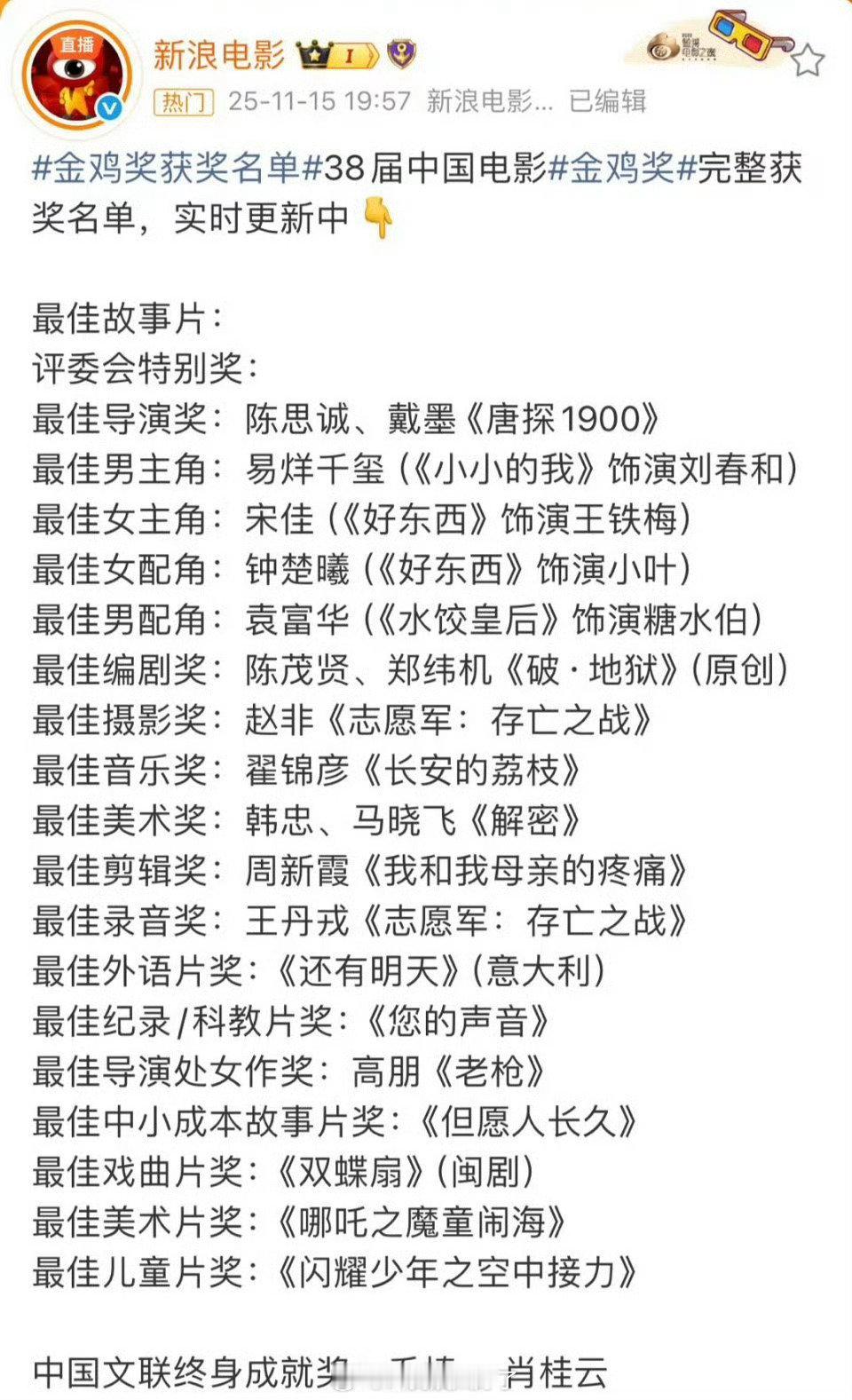 本届金鸡奖的获奖全名单作品🈶️，怎么评价这一届的金鸡奖？🎤