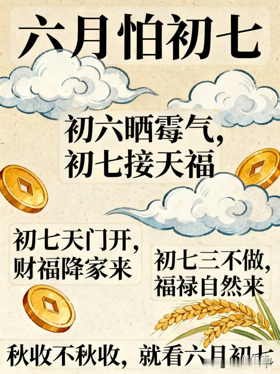 今天是六月初七民间俗语有
1. 六月怕初七
民间认为这天天气定三伏、秋收年景，晴