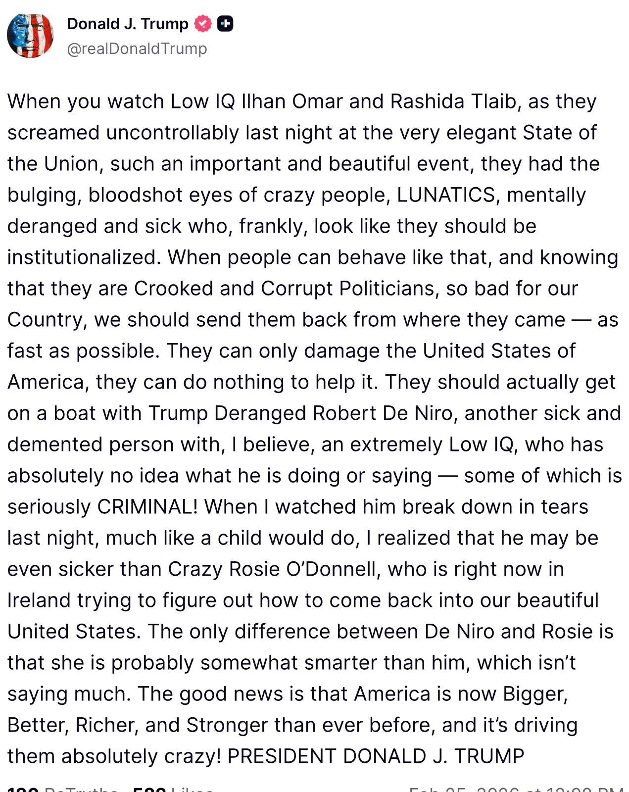 🚨🇺🇸 特朗普称伊尔汗·奥马尔和拉希达·特莱布是“低智商疯子”，应该被“送