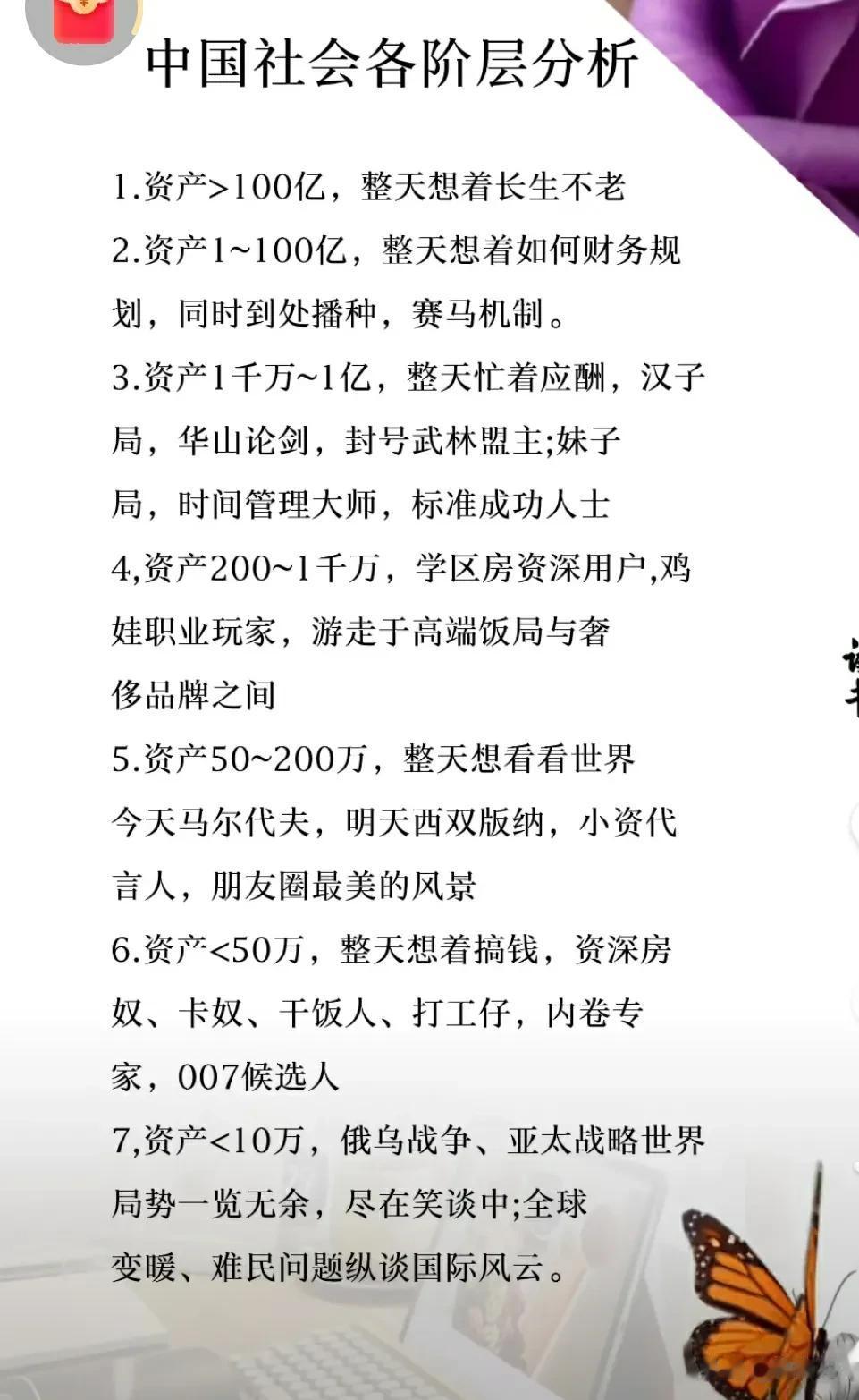 中国社会各阶层分析，感觉很在理，看看你属于哪个阶层，是不是和他们一样活着  ~
