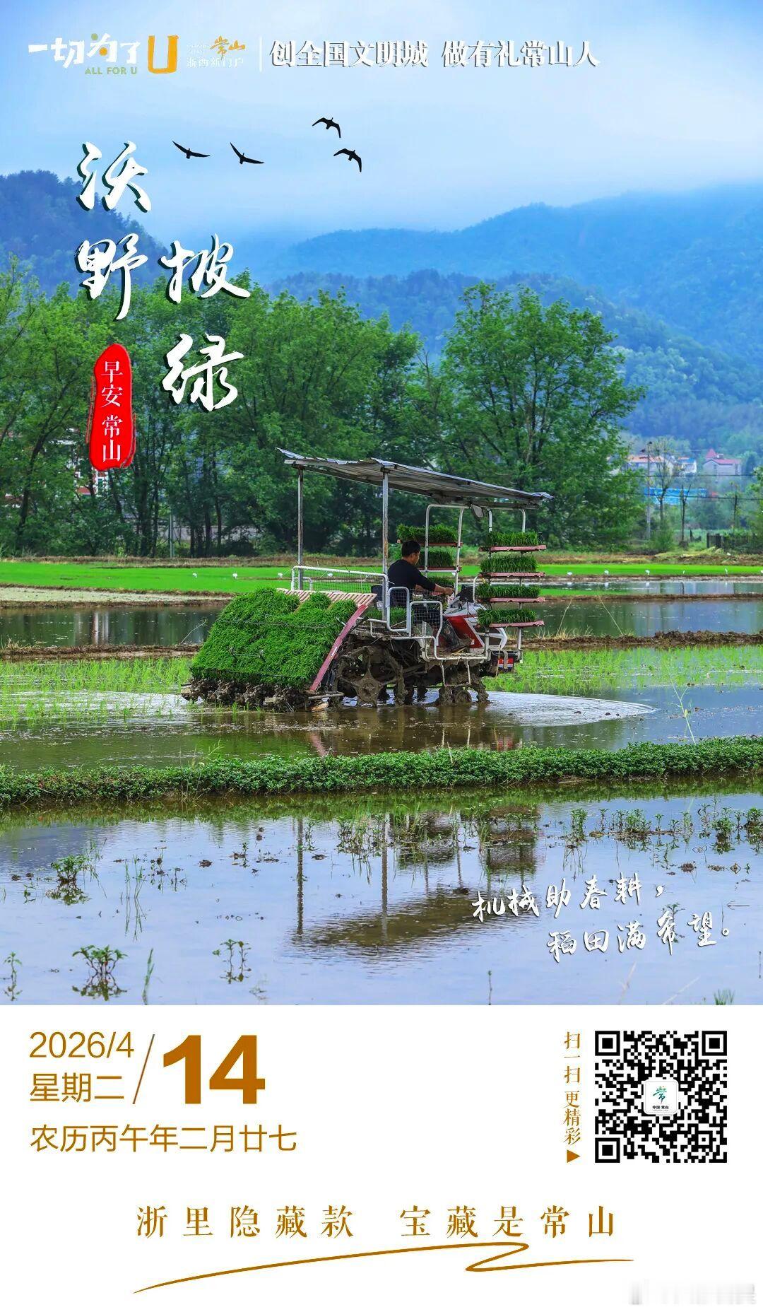 春暖花开，万物竞发。衢州市常山县球川镇新店村游胜家庭农场内，农机穿梭如织，翠绿的