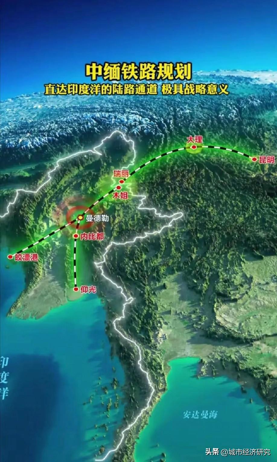 中缅铁路规划布局示意图，图片里属于中缅（中国与缅甸）铁路规划布局示意图，这条从我