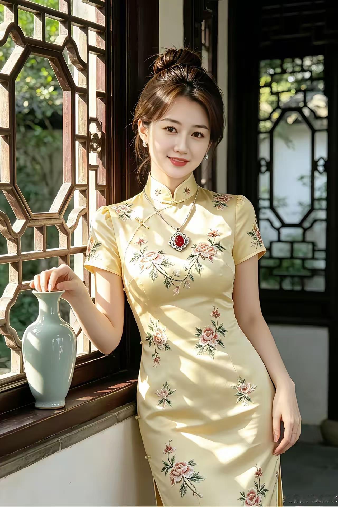 忆秦娥·窗畔旗袍
春光薄，
杏裁锦缎临窗绰。
临窗绰，
翡凝颈玉，
银珰轻落。