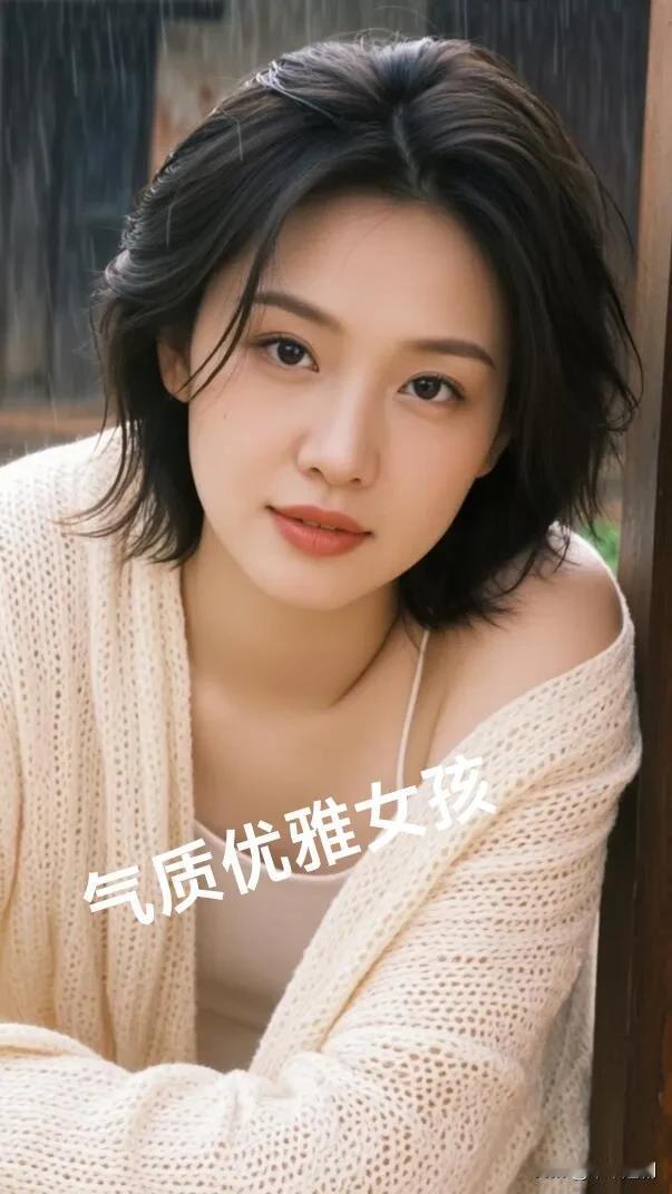 米白针织裹挟着温柔，短发利落间气质尽显。她是雨中的优雅诗篇，把从容娴静藏进每一寸