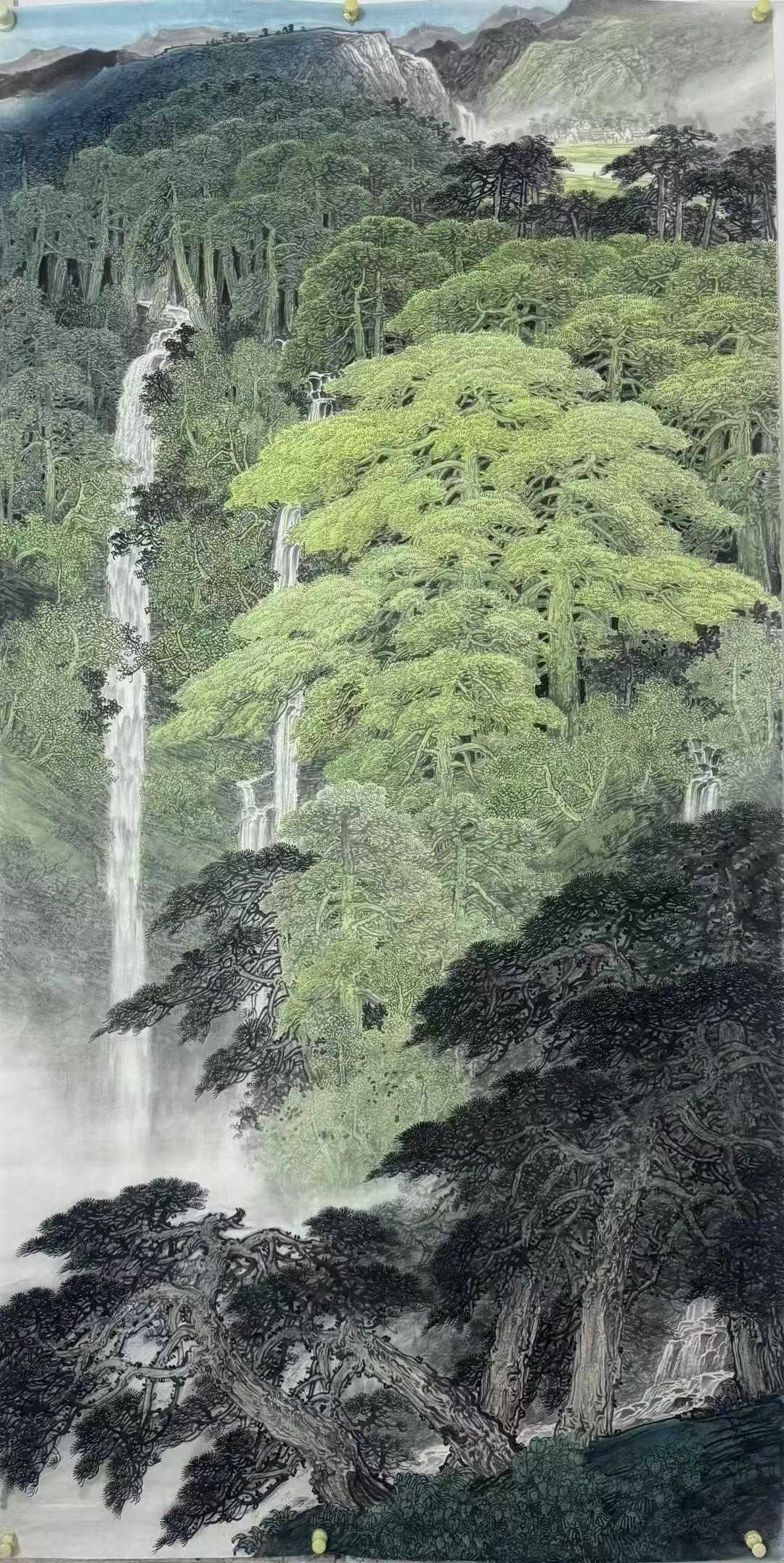 《苍松飞瀑图》迎客松国画专业 中国山水画画法 国画山水有意境 中国青绿山水画 意