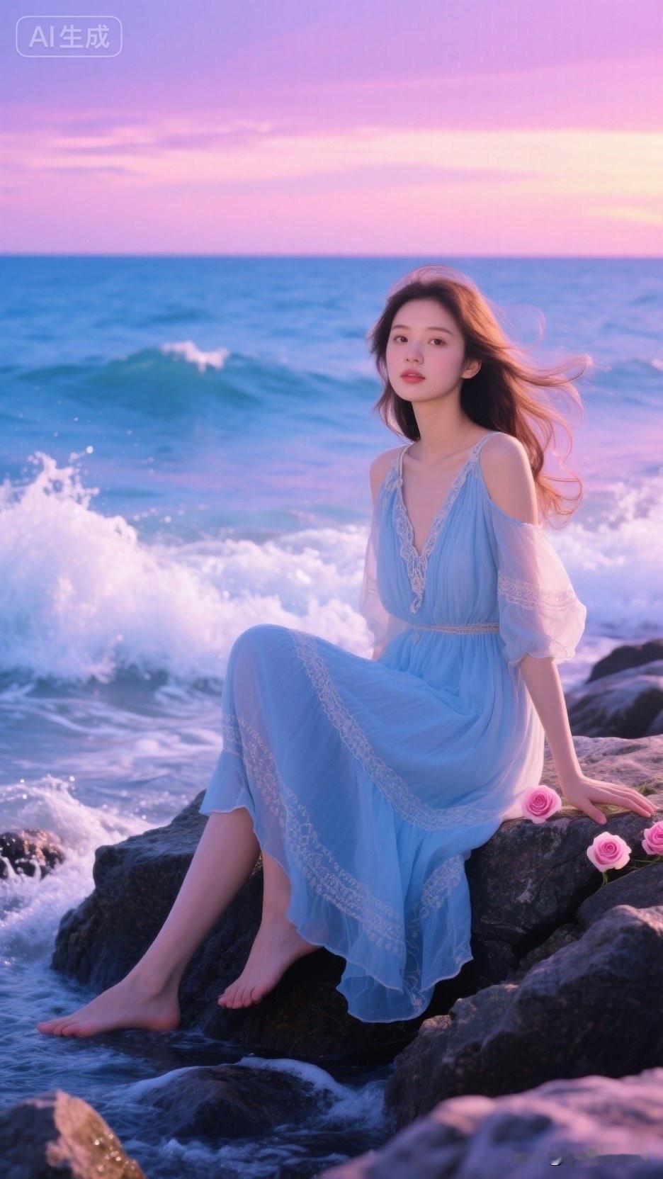 海边漫步，裙摆飞扬，自由自在。